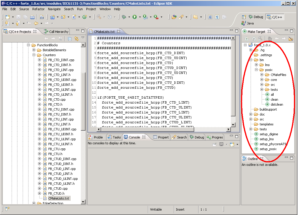 Eclipse C++ with FORTE imported and marked makefiles